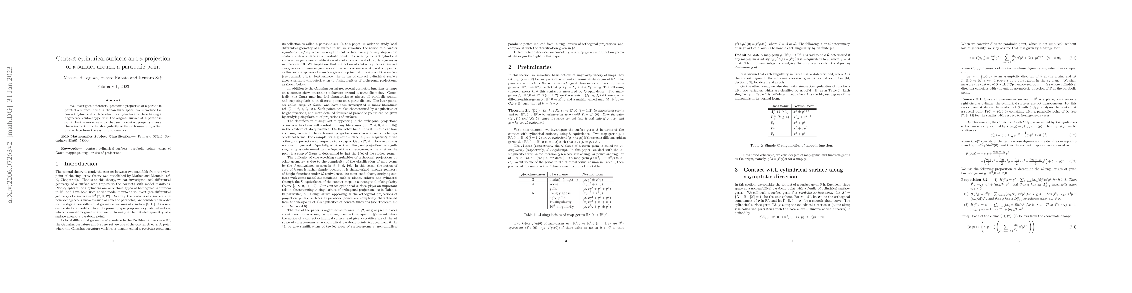 Thumbnail for Contact cylindrical surfaces and a projection of a surface around a
  parabolic point