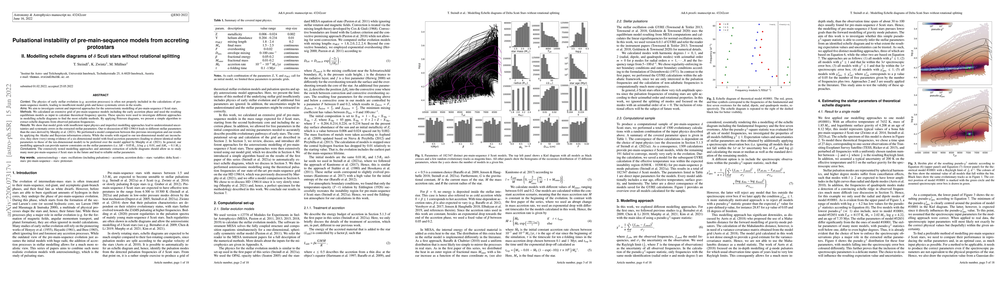 Thumbnail for Pulsational instability of pre-main-sequence models from accreting
  protostars II. Modelling echelle diagrams of $\delta$ Scuti stars without
  rotational splitting