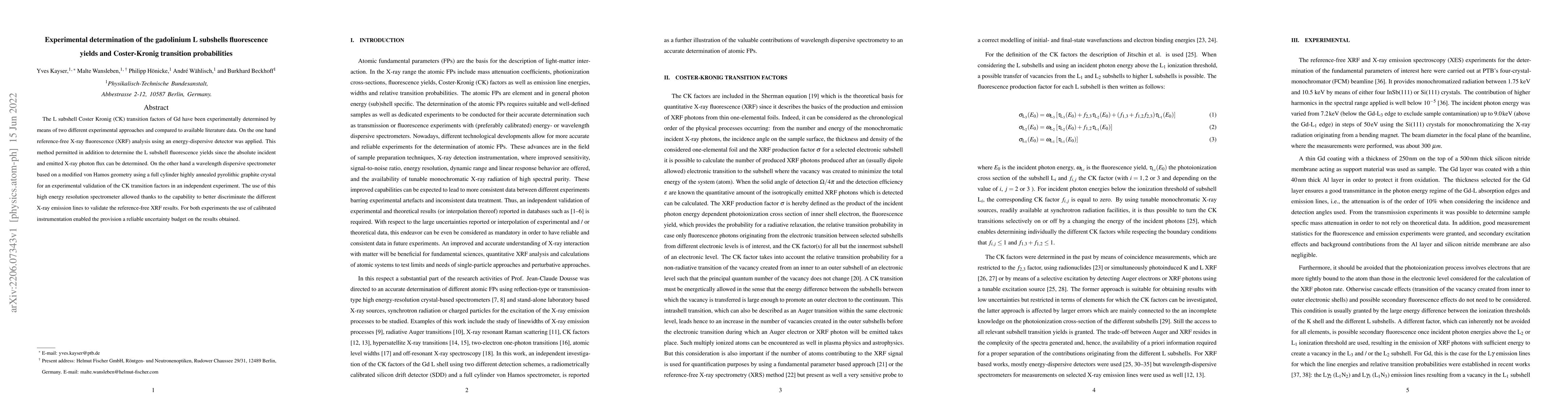 Thumbnail for Experimental determination of the gadolinium L subshells fluorescence
  yields and Coster-Kronig transition probabilities