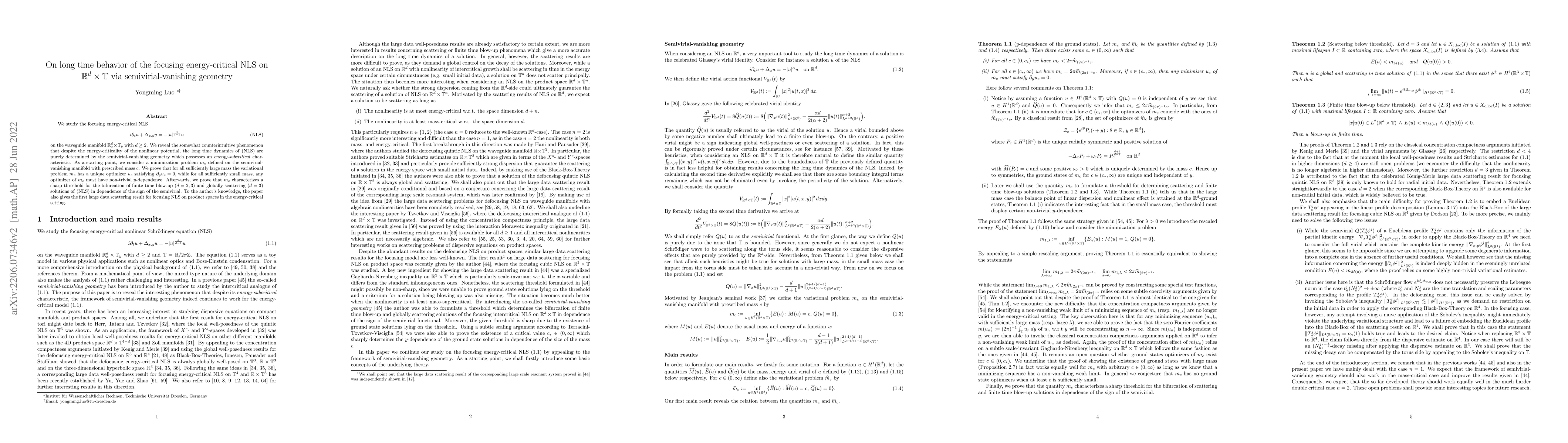 Thumbnail for On long time behavior of the focusing energy-critical NLS on
  $\mathbb{R}^d\times\mathbb{T}$ via semivirial-vanishing geometry