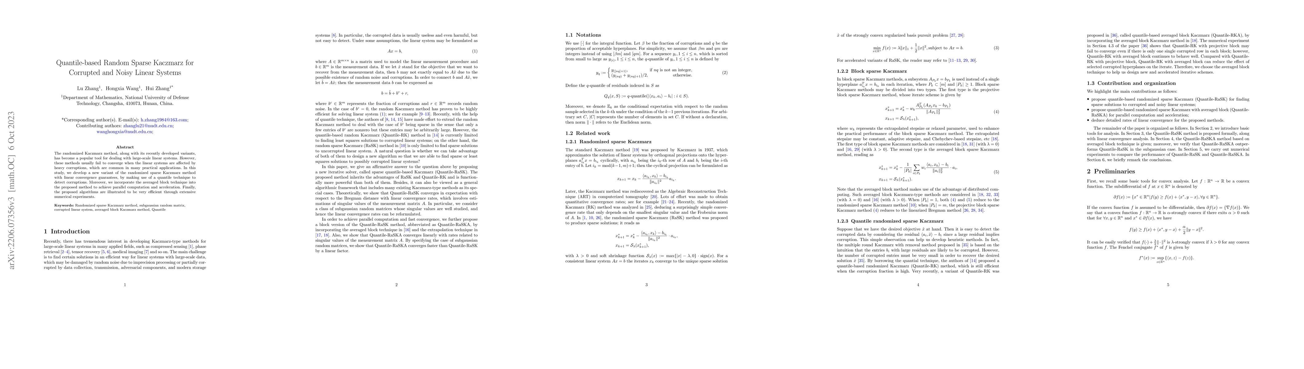 Thumbnail for Quantile-based Random Sparse Kaczmarz for Corrupted and Noisy Linear
  Systems