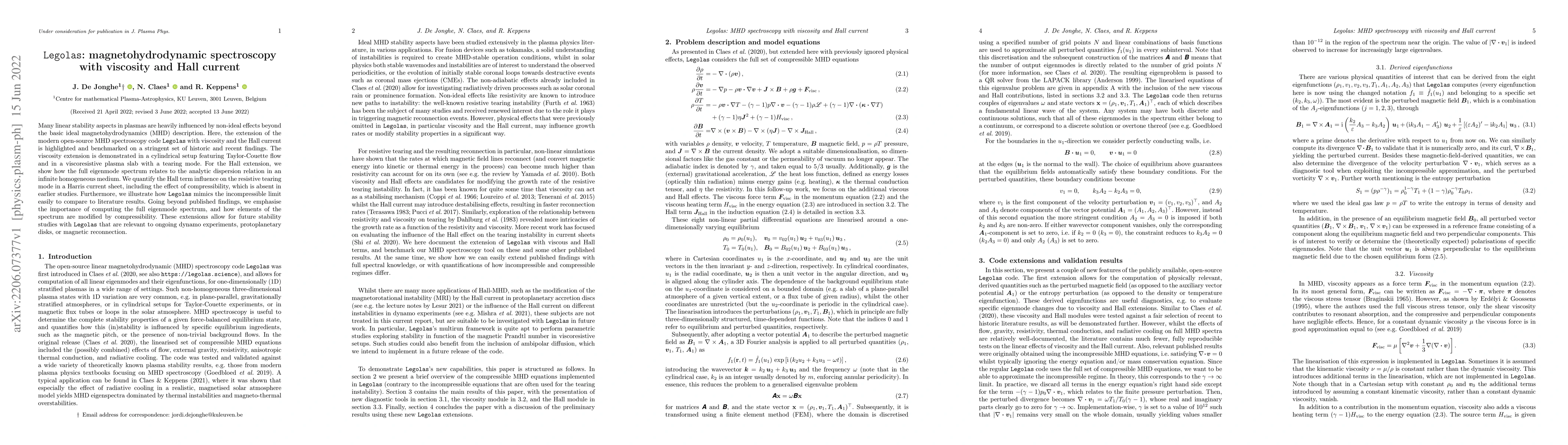 Thumbnail for Legolas: magnetohydrodynamic spectroscopy with viscosity and Hall
  current