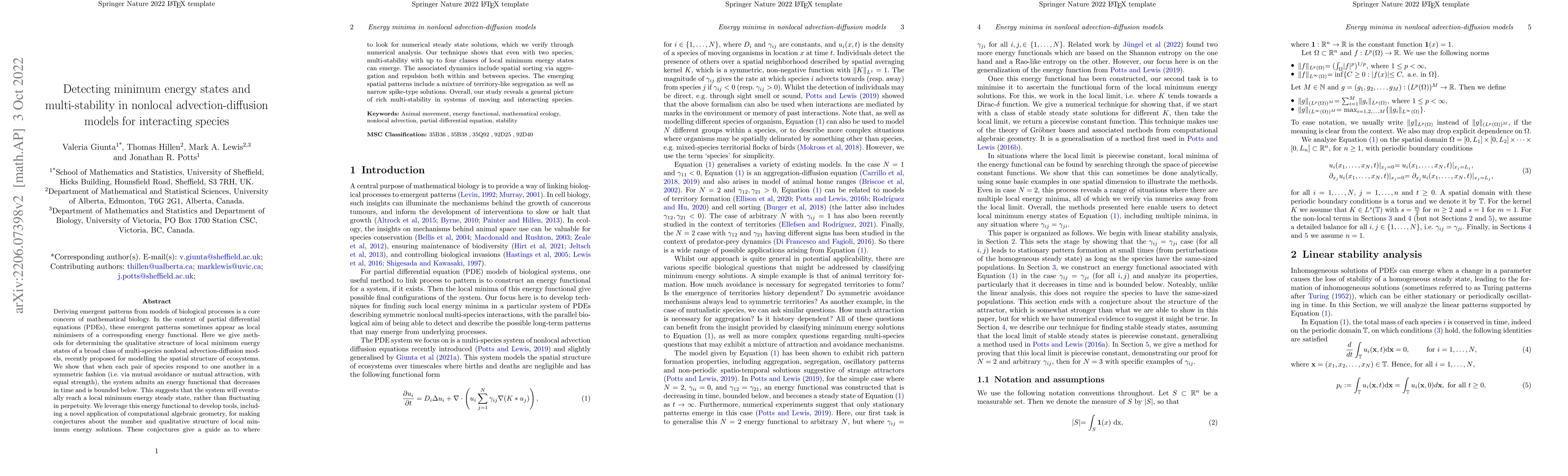Thumbnail for Detecting minimum energy states and multi-stability in nonlocal
  advection-diffusion models for interacting species