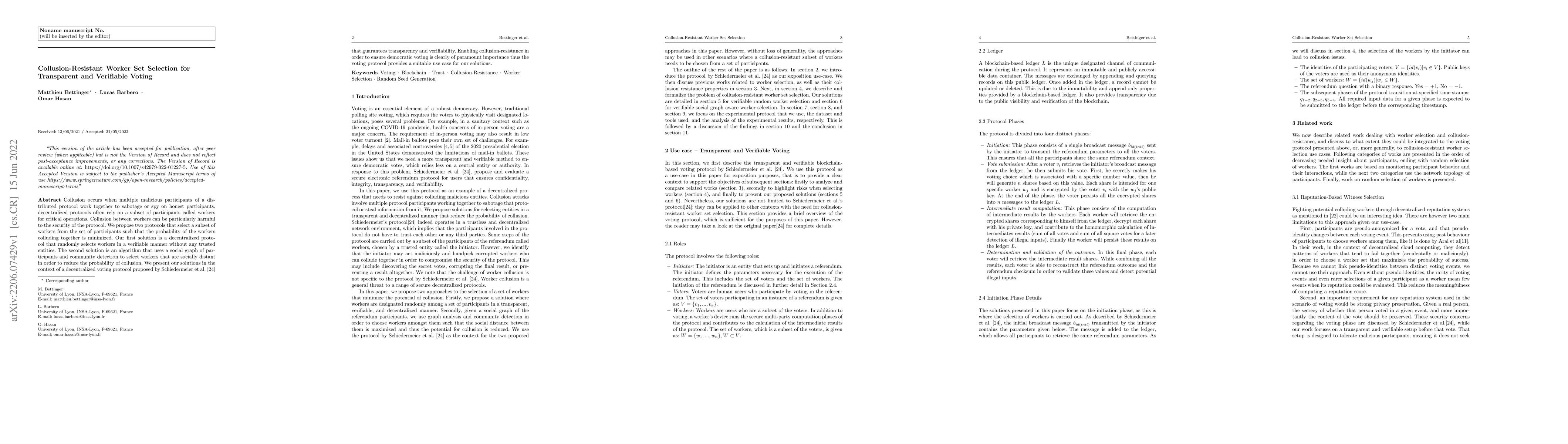Thumbnail for Collusion-Resistant Worker Set Selection for Transparent and Verifiable
  Voting