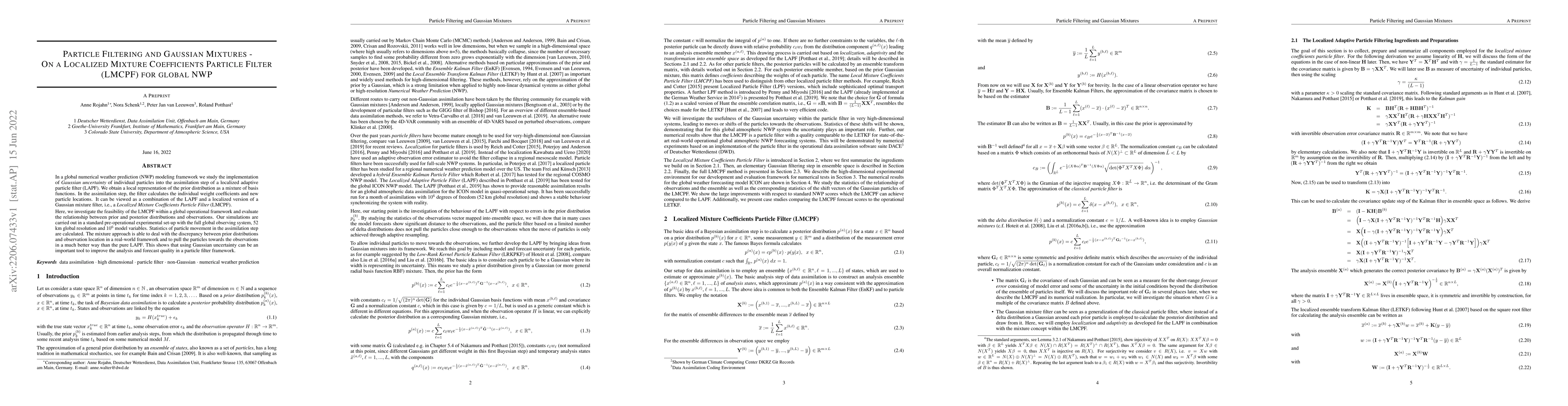 Thumbnail for Particle Filtering and Gaussian Mixtures -- On a Localized Mixture
  Coefficients Particle Filter (LMCPF) for global NWP