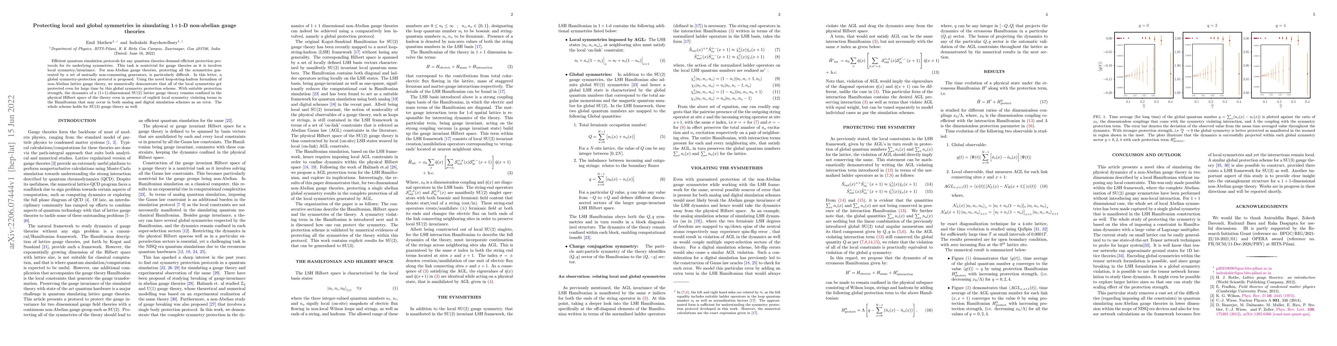 Thumbnail for Protecting local and global symmetries in simulating 1+1-D non-abelian
  gauge theories
