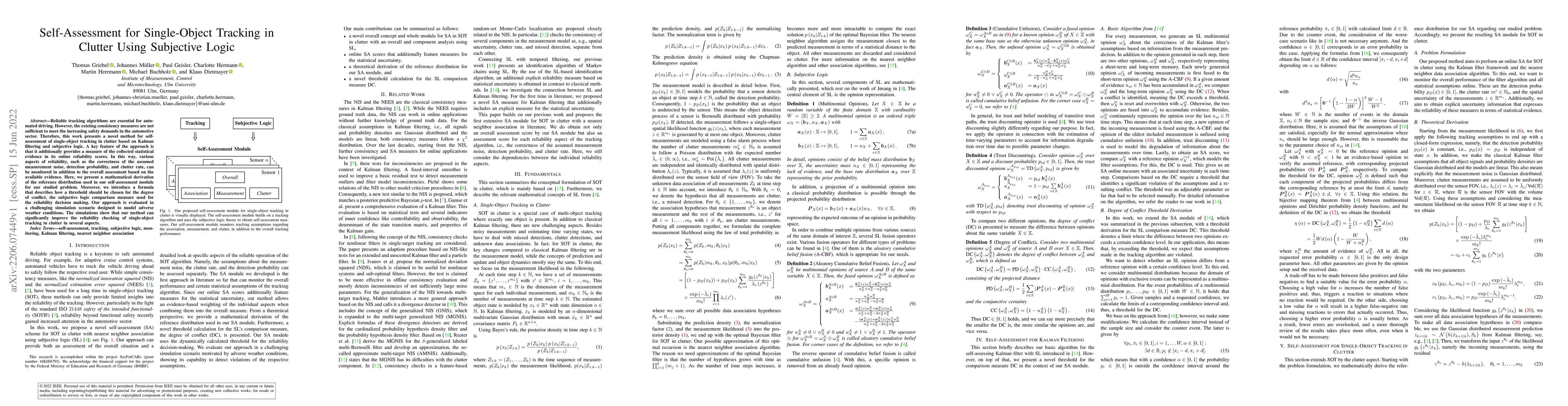 Thumbnail for Self-Assessment for Single-Object Tracking in Clutter Using Subjective
  Logic