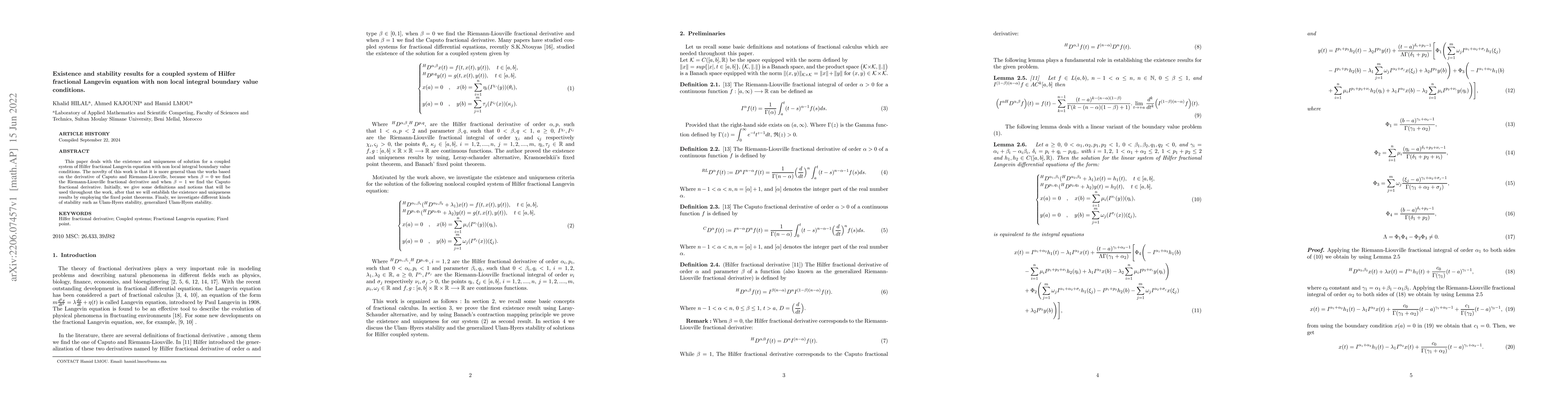 Thumbnail for Existence and stability results for a coupled system of Hilfer
  fractional Langevin equation with non local integral boundary value
  conditions