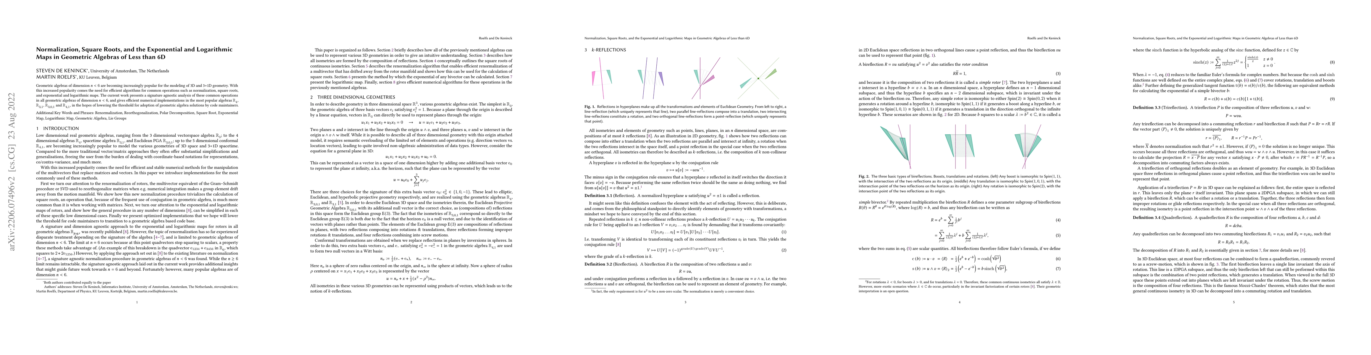 Thumbnail for Normalization, Square Roots, and the Exponential and Logarithmic Maps in
  Geometric Algebras of Less than 6D