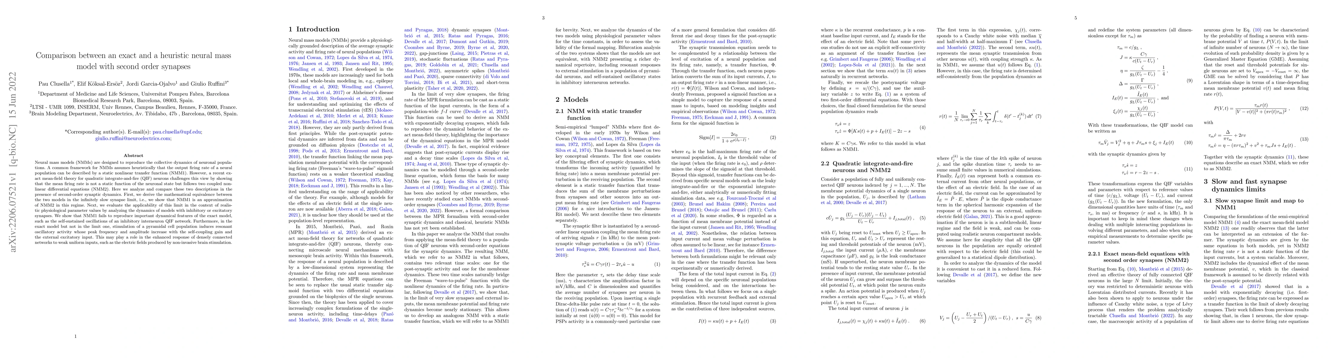 Thumbnail for Comparison between an exact and a heuristic neural mass model with
  second order synapses