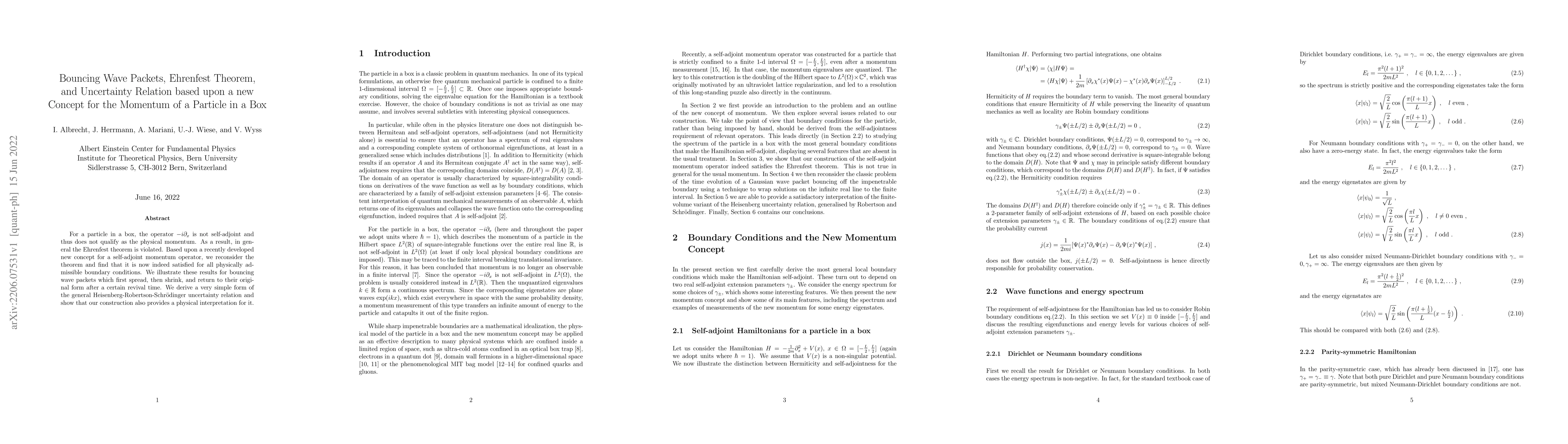 Thumbnail for Bouncing Wave Packets, Ehrenfest Theorem, and Uncertainty Relation based
  upon a new Concept for the Momentum of a Particle in a Box