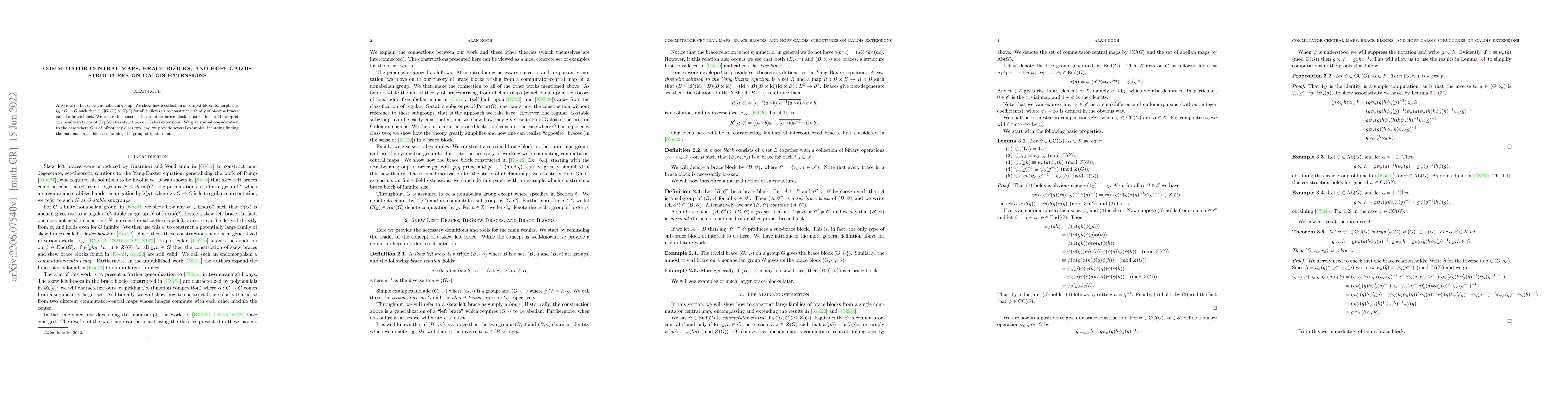 Thumbnail for Commutator-central maps, brace blocks, and {H}opf-{G}alois structures on
  {G}alois extensions