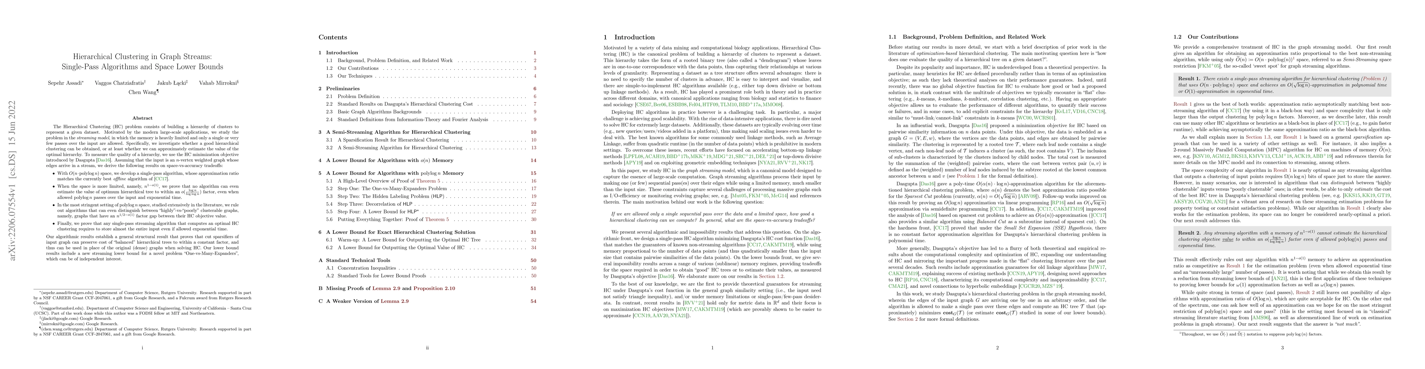 Thumbnail for Hierarchical Clustering in Graph Streams: Single-Pass Algorithms and
  Space Lower Bounds