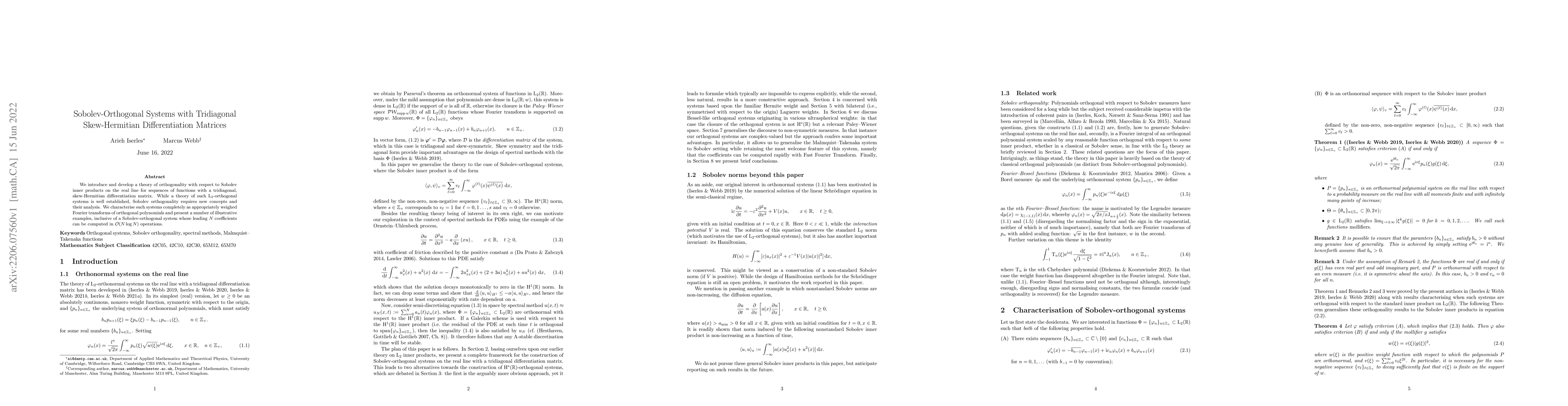 Thumbnail for Sobolev-Orthogonal Systems with Tridiagonal Skew-Hermitian
  Differentiation Matrices