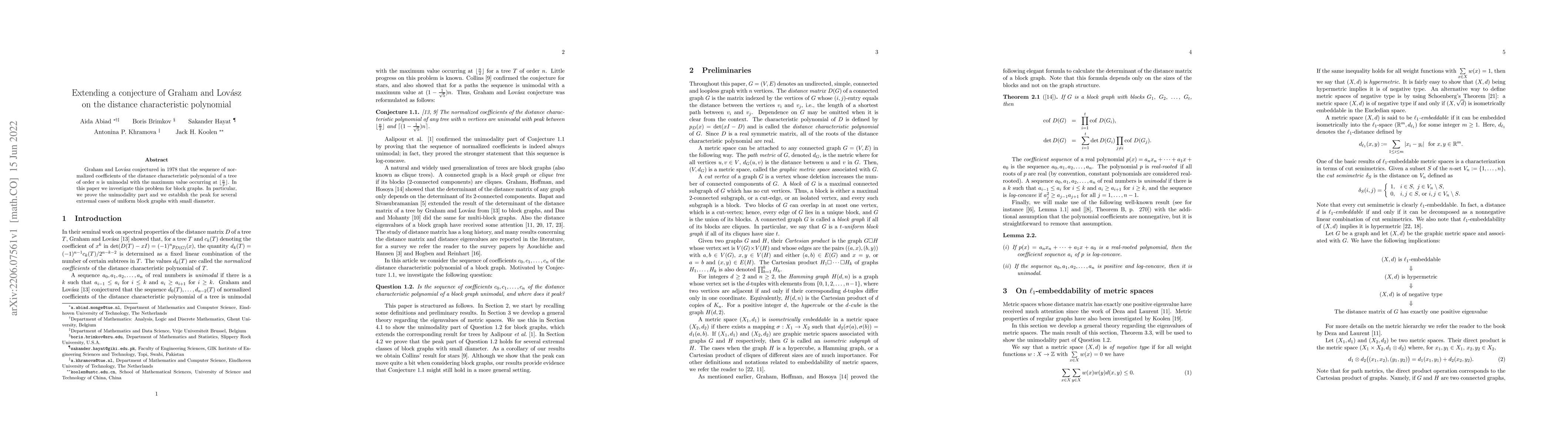 Thumbnail for Extending a conjecture of Graham and Lov\'{a}sz on the distance
  characteristic polynomial