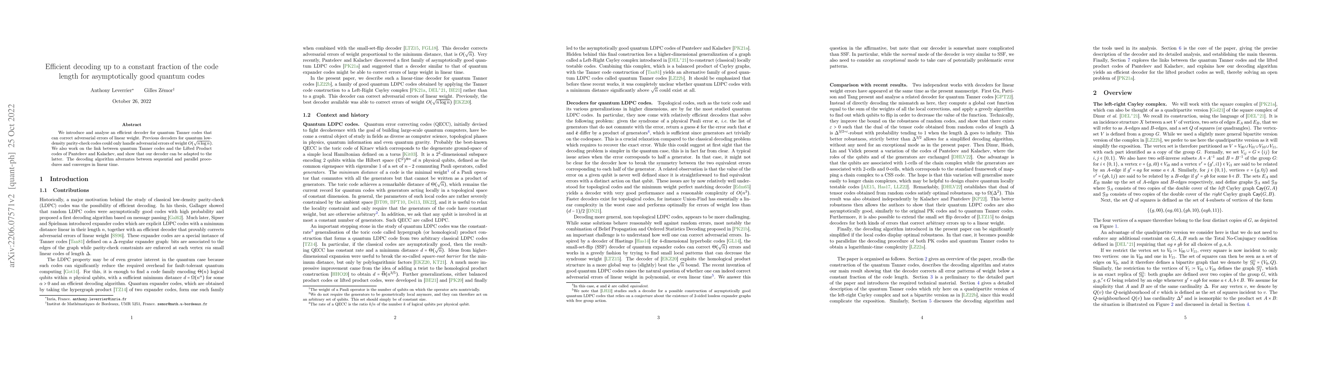 Thumbnail for Efficient decoding up to a constant fraction of the code length for
  asymptotically good quantum codes