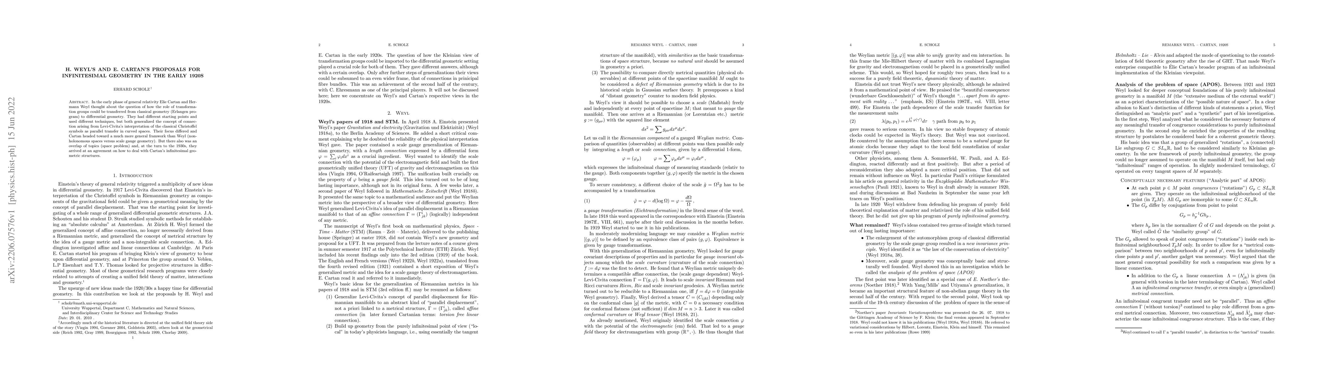 Thumbnail for H. Weyl's and E. Cartan's proposals for infinitesimal geometry in the
  early 1920s