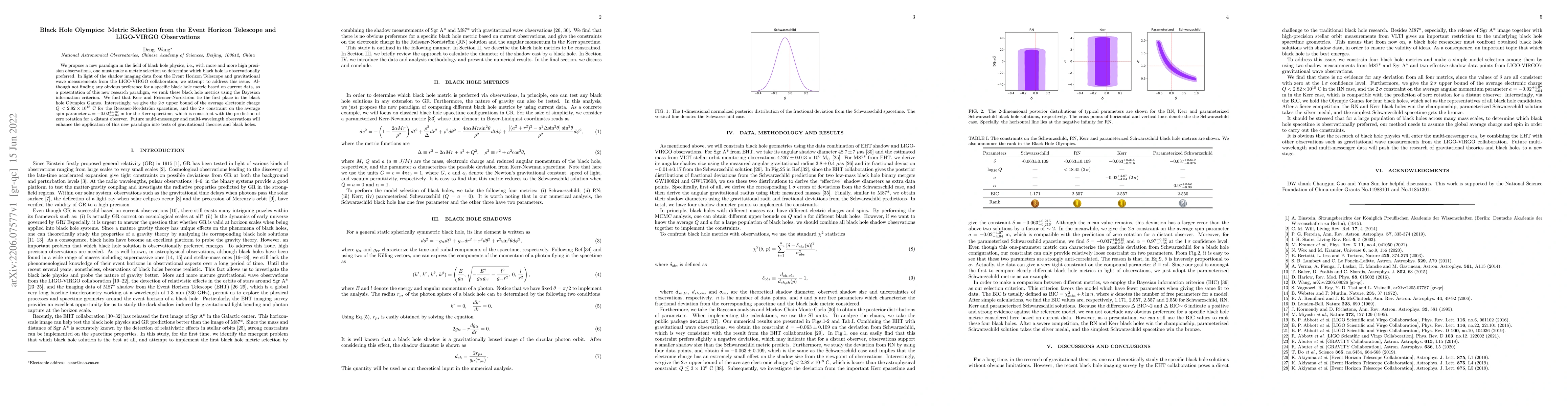 Thumbnail for Black Hole Olympics: Metric Selection from the Event Horizon Telescope
  and LIGO-VIRGO Observations