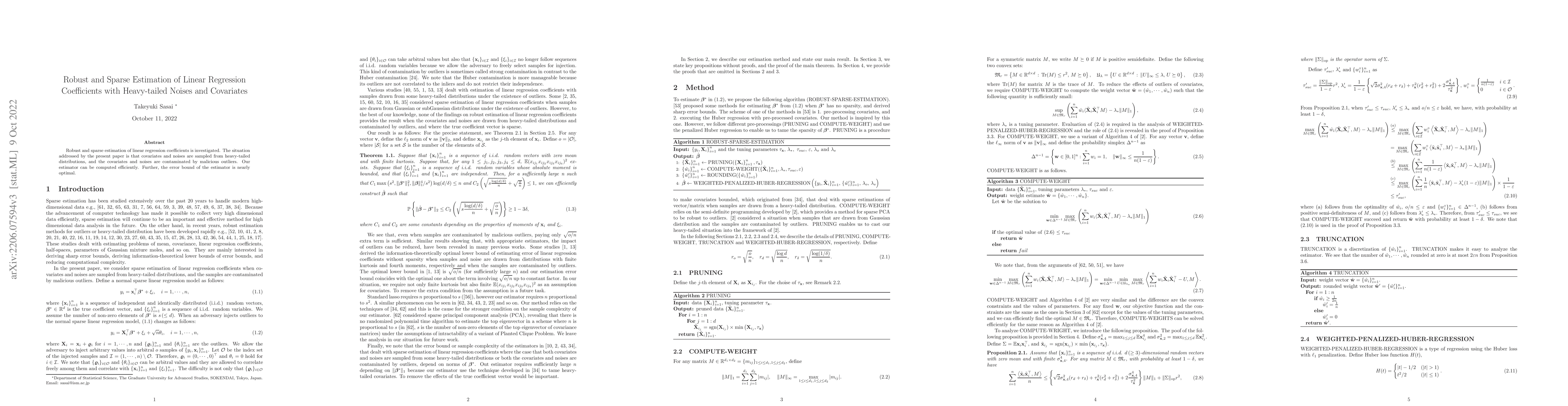 Thumbnail for Robust and Sparse Estimation of Linear Regression Coefficients with
  Heavy-tailed Noises and Covariates