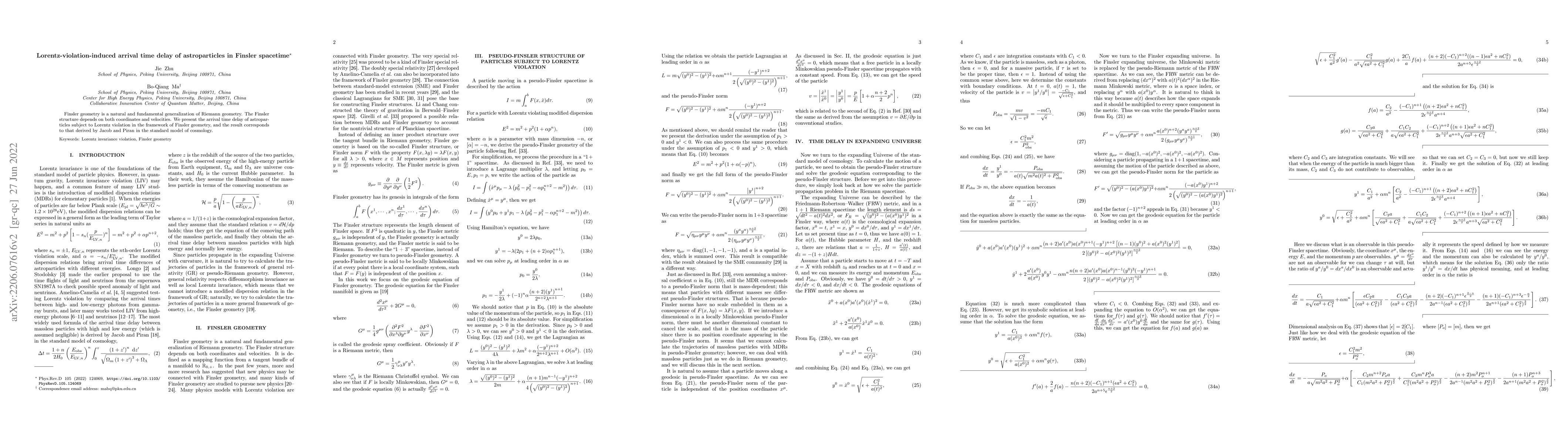 Thumbnail for Lorentz-violation-induced arrival time delay of astroparticles in
  Finsler spacetime