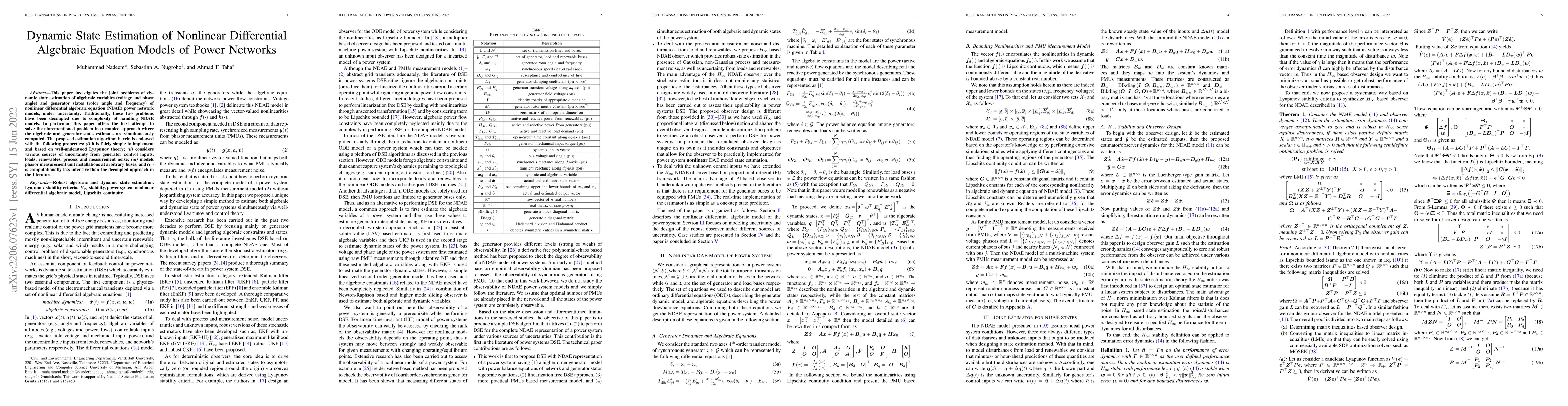 Thumbnail for Dynamic State Estimation of Nonlinear Differential Algebraic Equation
  Models of Power Networks