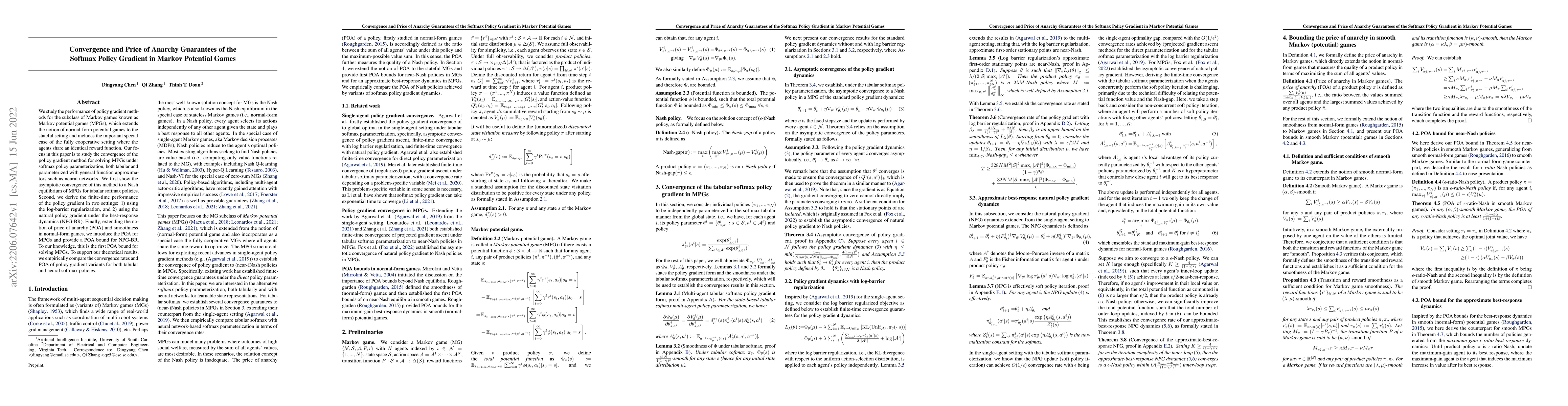 Thumbnail for Convergence and Price of Anarchy Guarantees of the Softmax Policy
  Gradient in Markov Potential Games