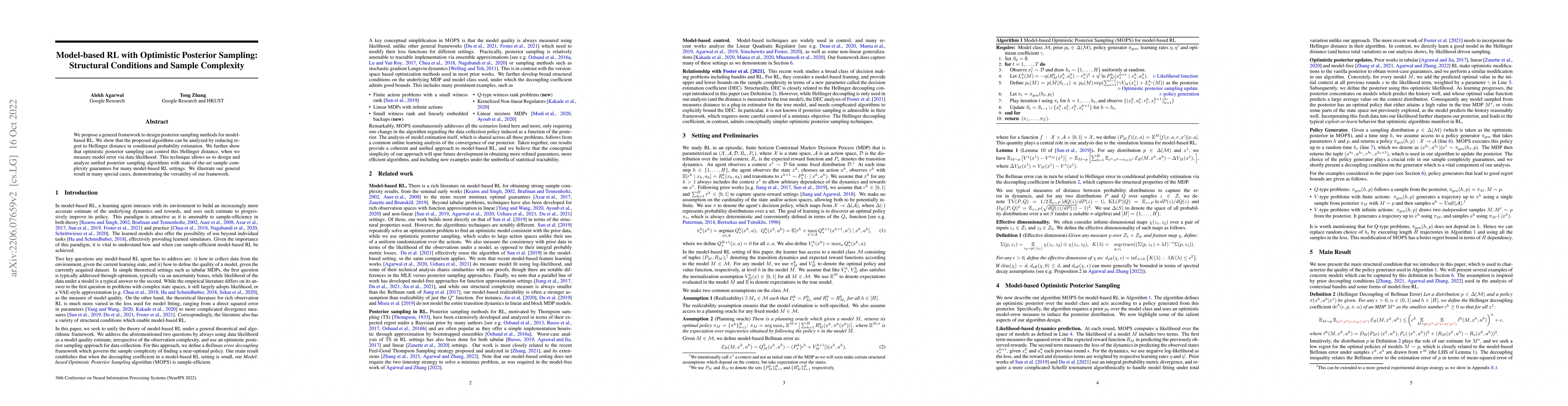 Thumbnail for Model-based RL with Optimistic Posterior Sampling: Structural Conditions
  and Sample Complexity