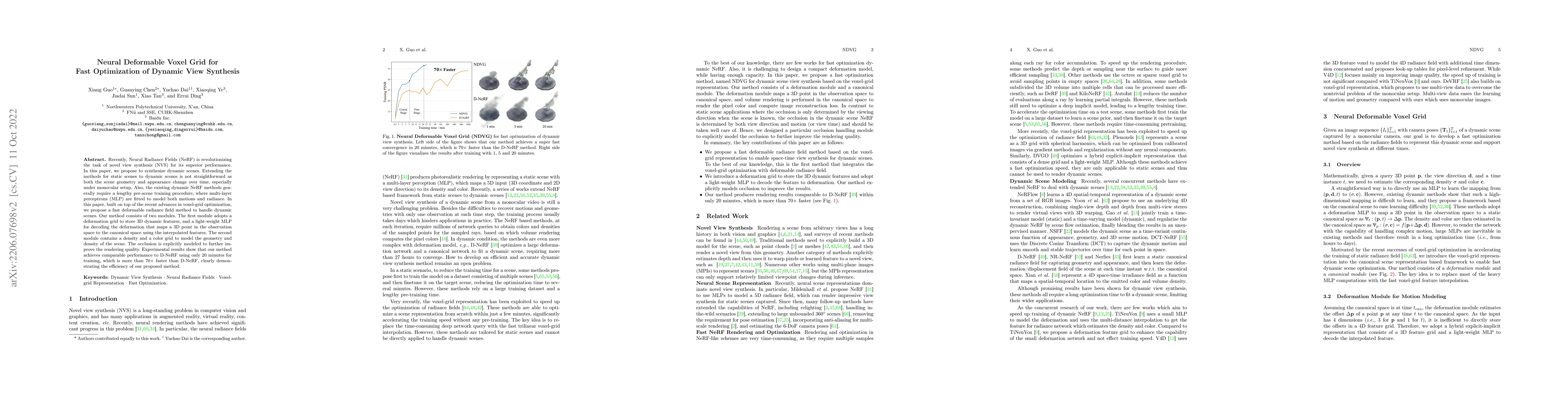 Thumbnail for Neural Deformable Voxel Grid for Fast Optimization of Dynamic View
  Synthesis