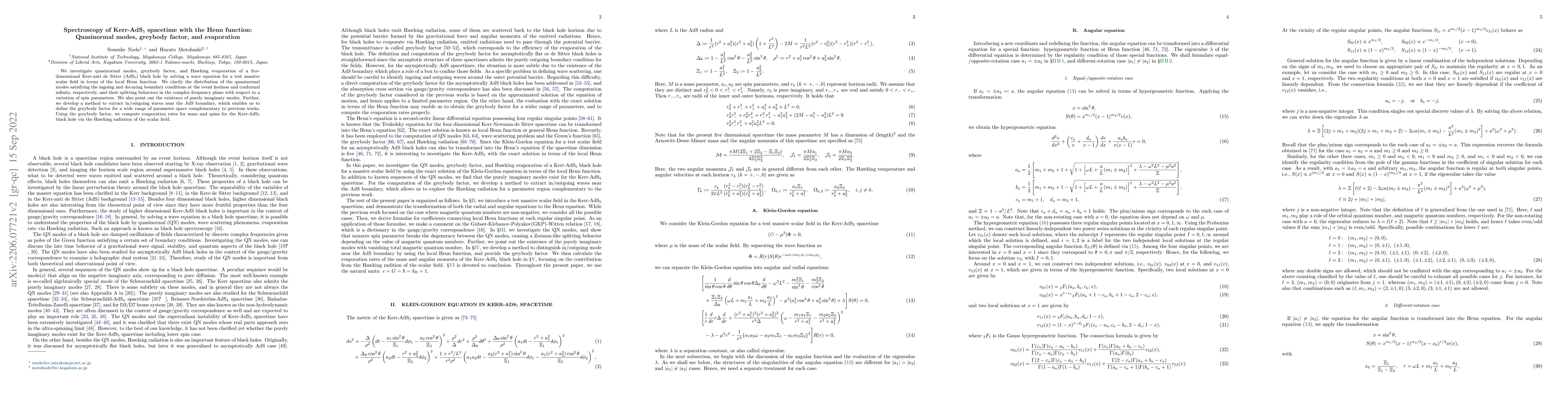 Thumbnail for Spectroscopy of Kerr-AdS$_5$ spacetime with the Heun function:
  Quasinormal modes, greybody factor, and evaporation