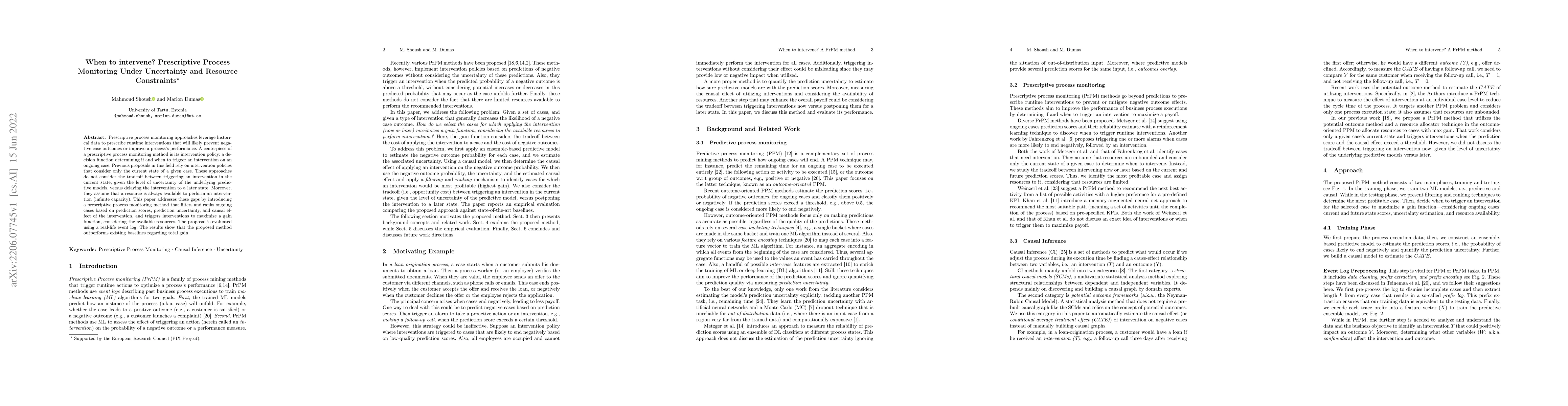Thumbnail for When to intervene? Prescriptive Process Monitoring Under Uncertainty and
  Resource Constraints