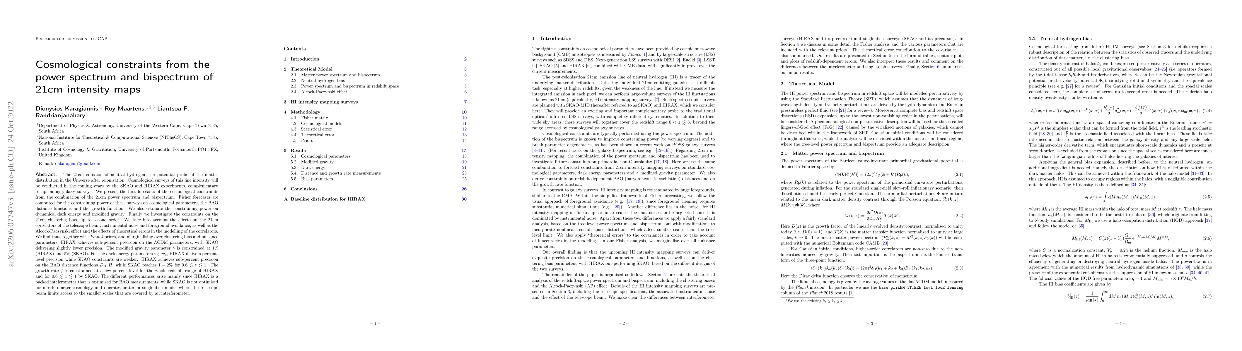 Thumbnail for Cosmological constraints from the power spectrum and bispectrum of 21cm
  intensity maps