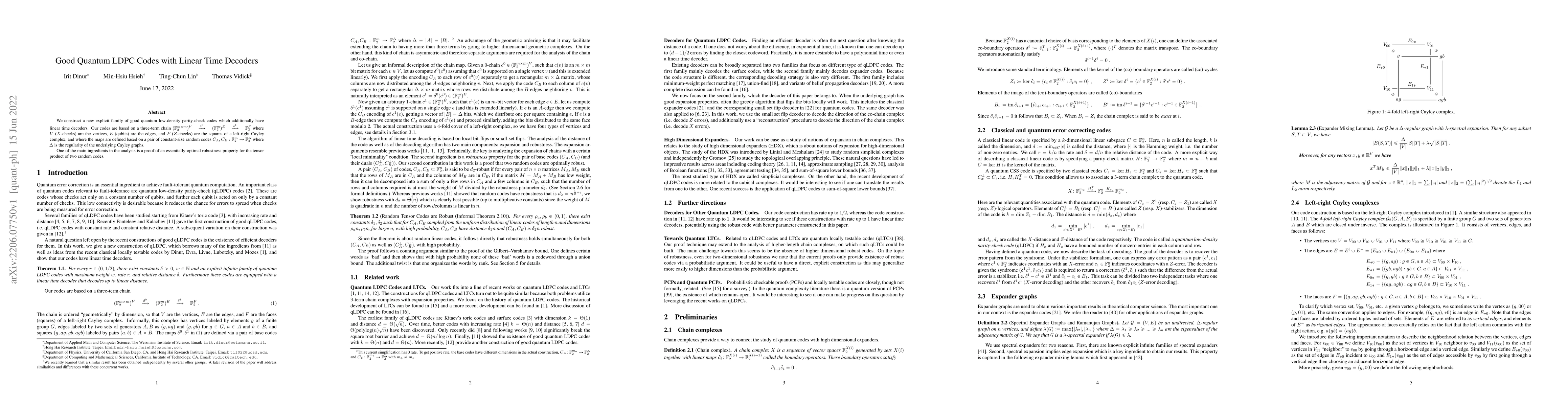 Thumbnail for Good Quantum LDPC Codes with Linear Time Decoders