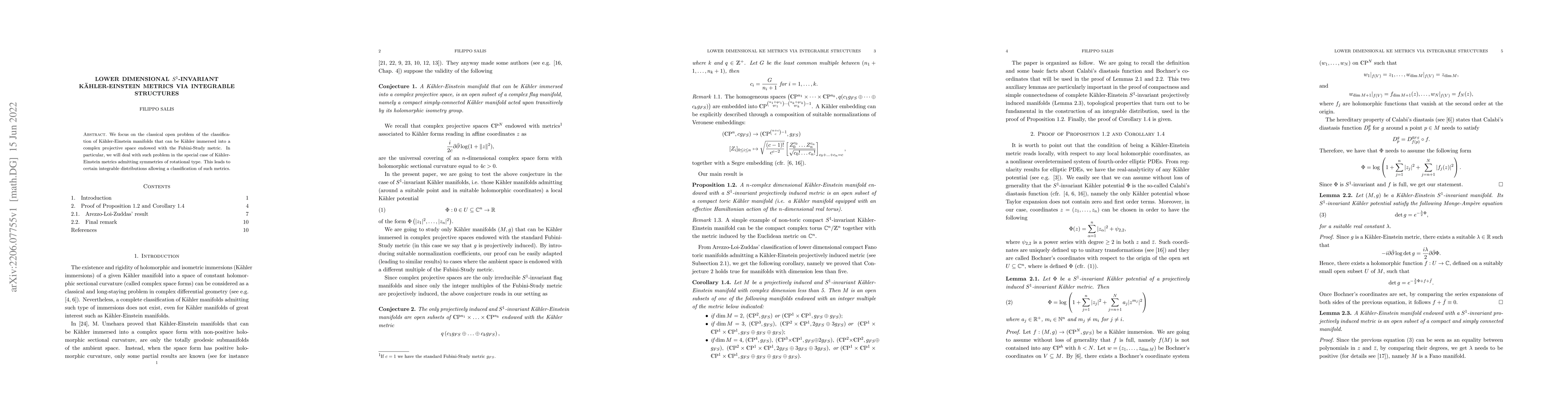 Thumbnail for Lower dimensional $S^1$-invariant K\"ahler-Einstein metrics via
  integrable structures
