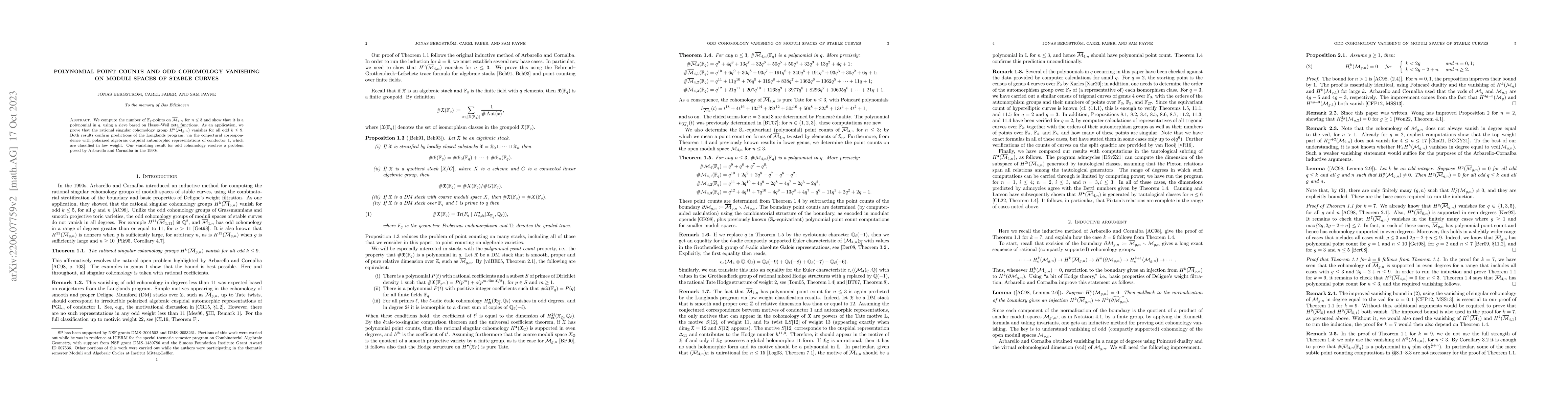 Thumbnail for Polynomial point counts and odd cohomology vanishing on moduli spaces of
  stable curves
