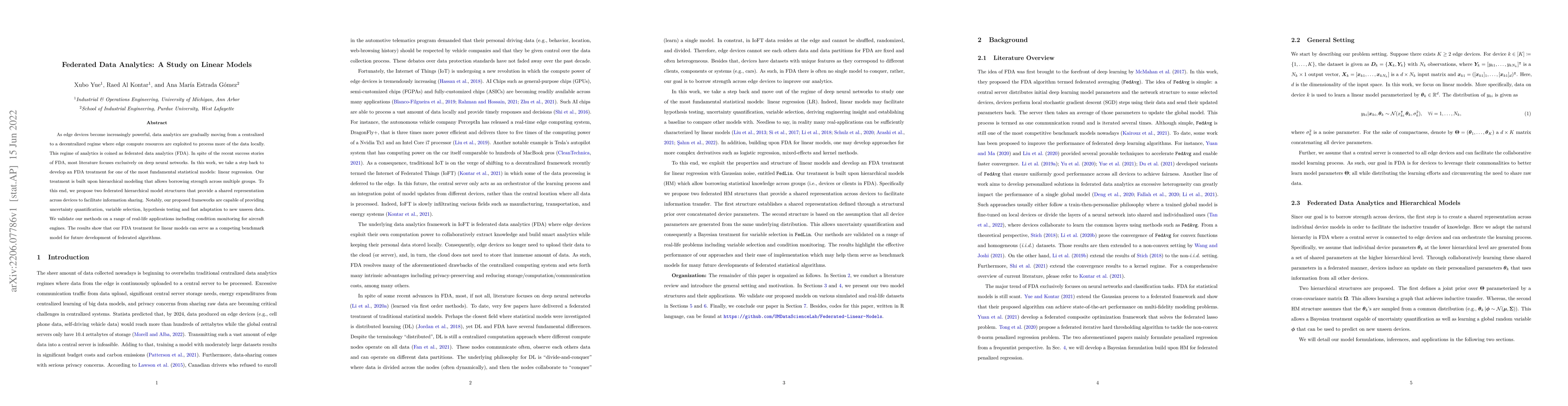 Thumbnail for Federated Data Analytics: A Study on Linear Models