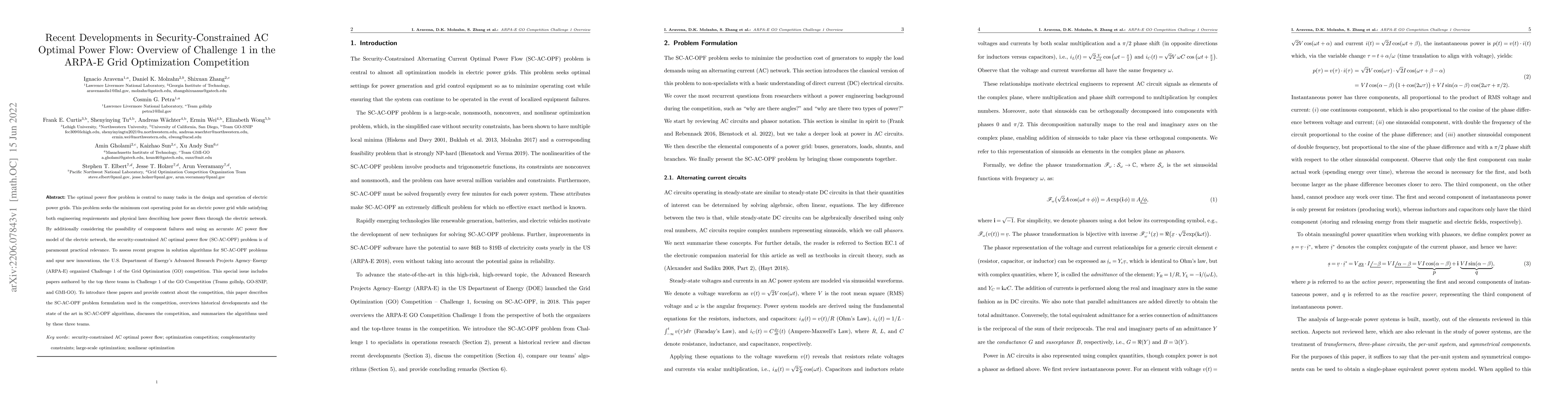 Thumbnail for Recent Developments in Security-Constrained AC Optimal Power Flow:
  Overview of Challenge 1 in the ARPA-E Grid Optimization Competition