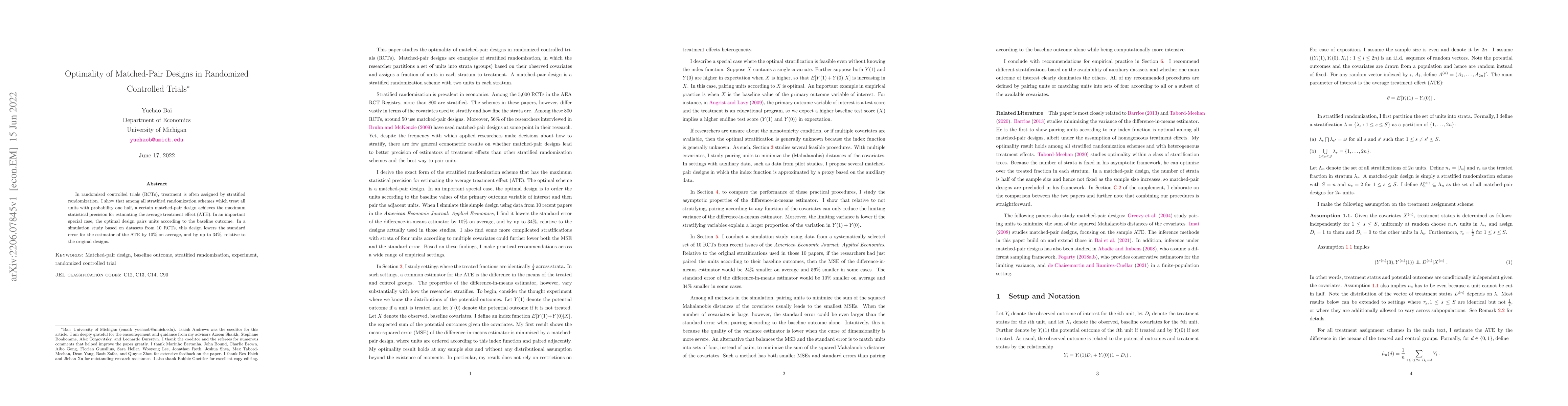 Thumbnail for Optimality of Matched-Pair Designs in Randomized Controlled Trials