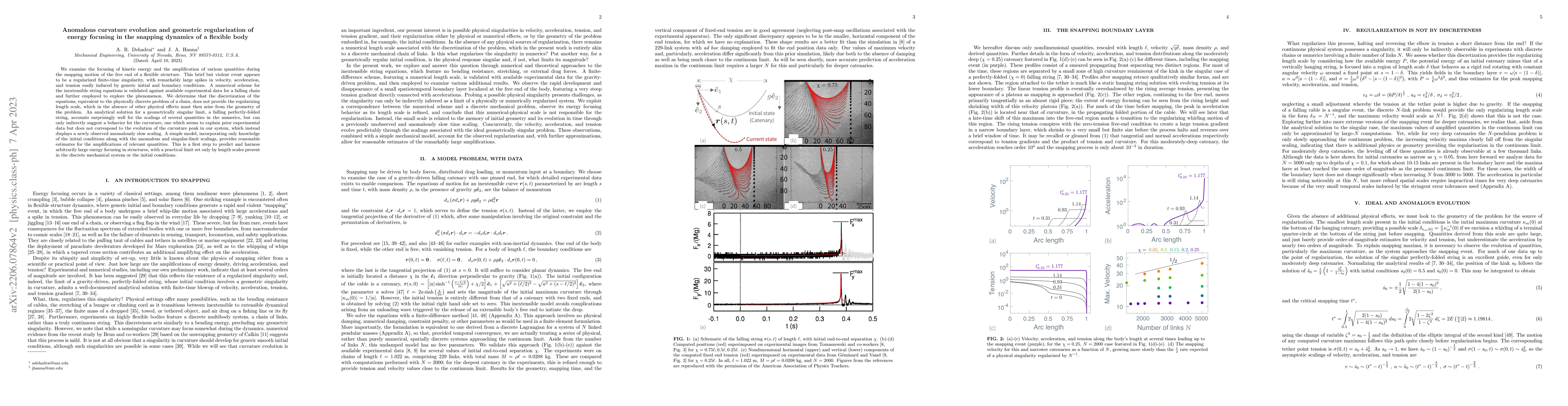 Thumbnail for Anomalous curvature evolution and geometric regularization of energy
  focusing in the snapping dynamics of a flexible body