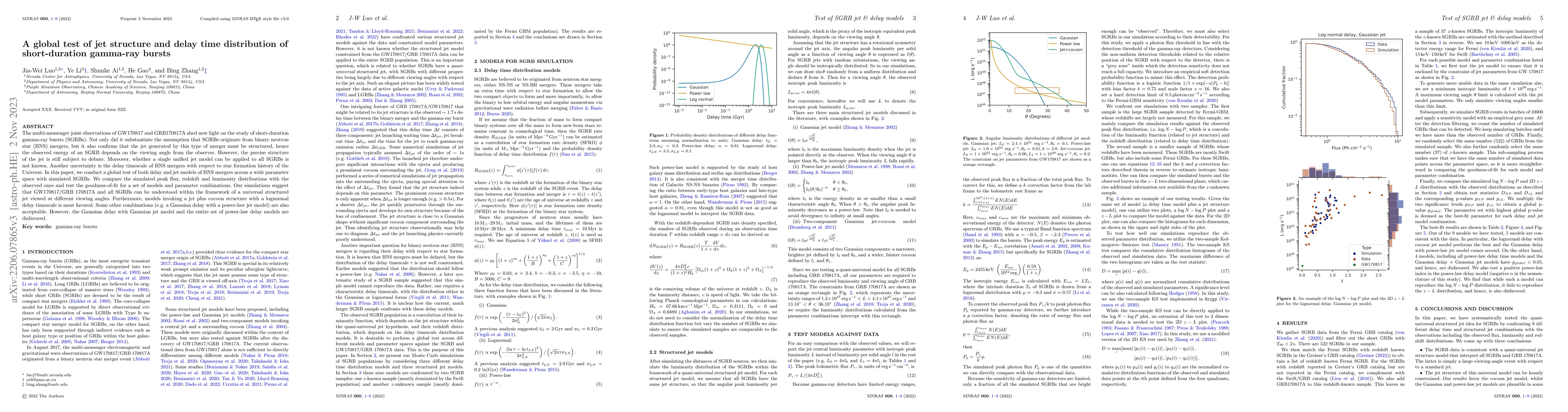 Thumbnail for A global test of jet structure and delay time distribution of
  short-duration gamma-ray bursts