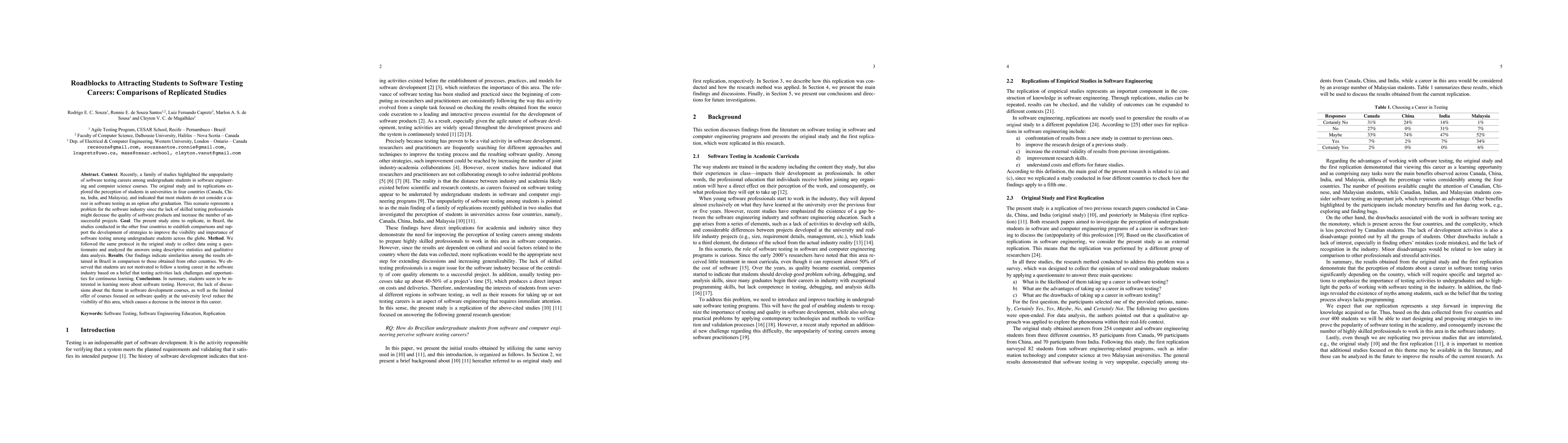 Thumbnail for Roadblocks to Attracting Students to Software Testing Careers:
  Comparisons of Replicated Studies