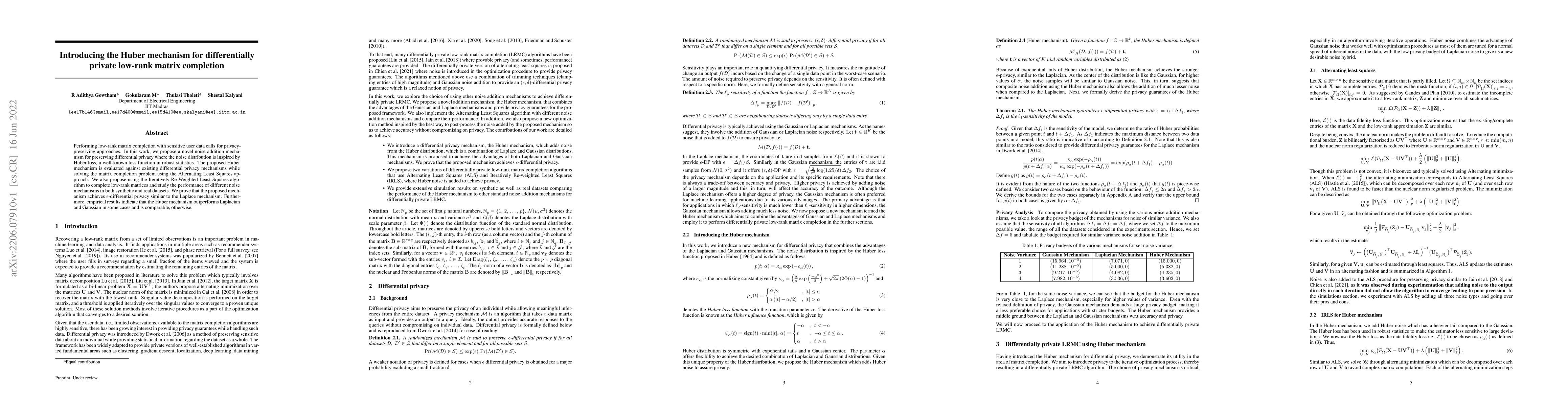 Thumbnail for Introducing the Huber mechanism for differentially private low-rank
  matrix completion