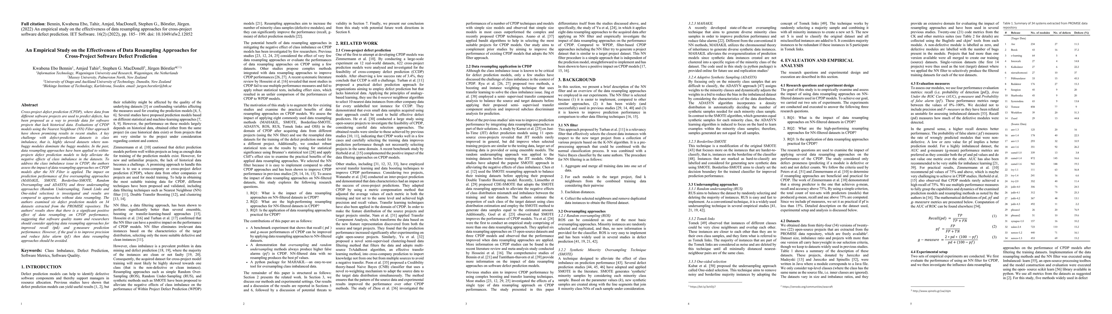 Thumbnail for An Empirical Study on the Effectiveness of Data Resampling Approaches
  for Cross-Project Software Defect Prediction