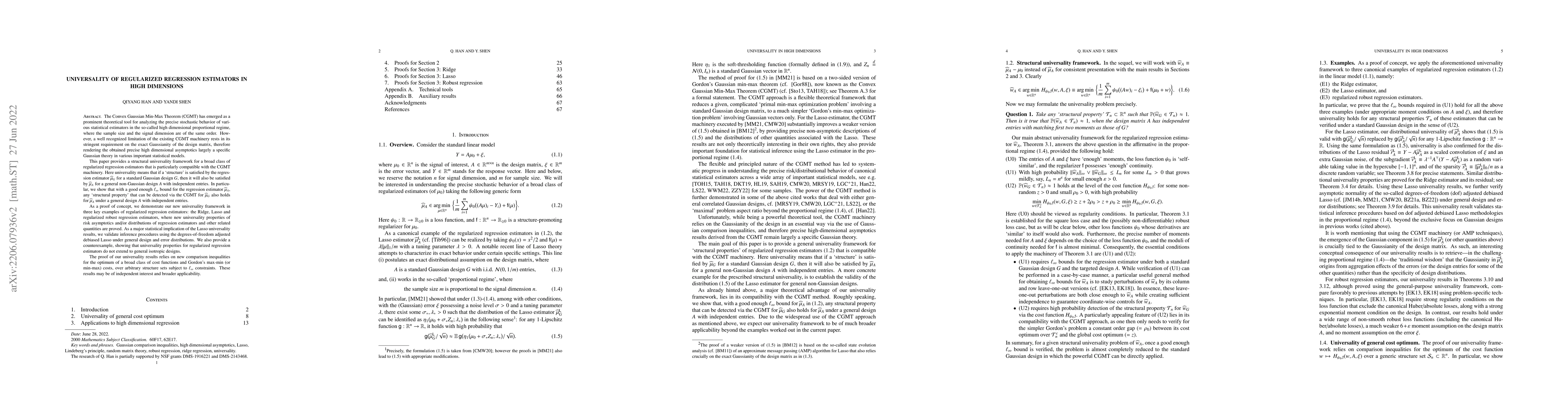Thumbnail for Universality of regularized regression estimators in high dimensions