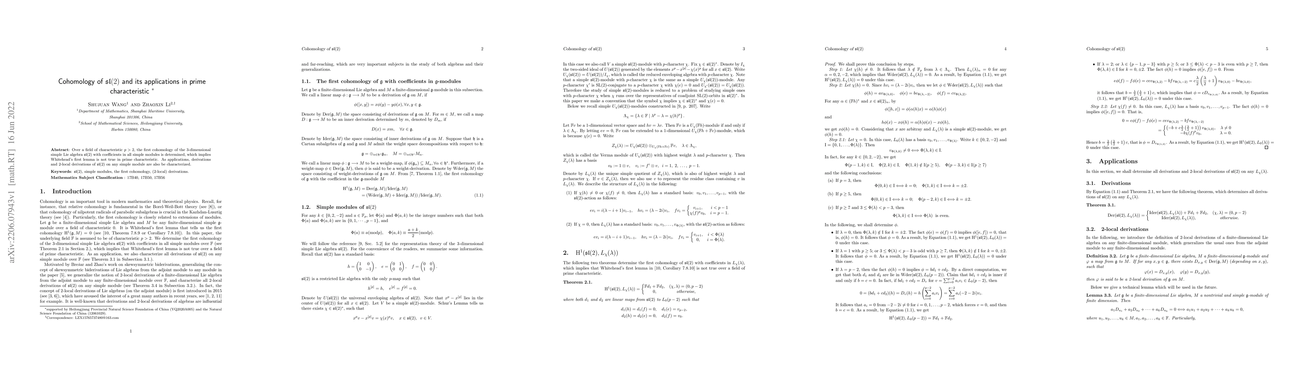 Thumbnail for Cohomology of $\frak{sl}(2)$ and its applications in prime
  characteristic