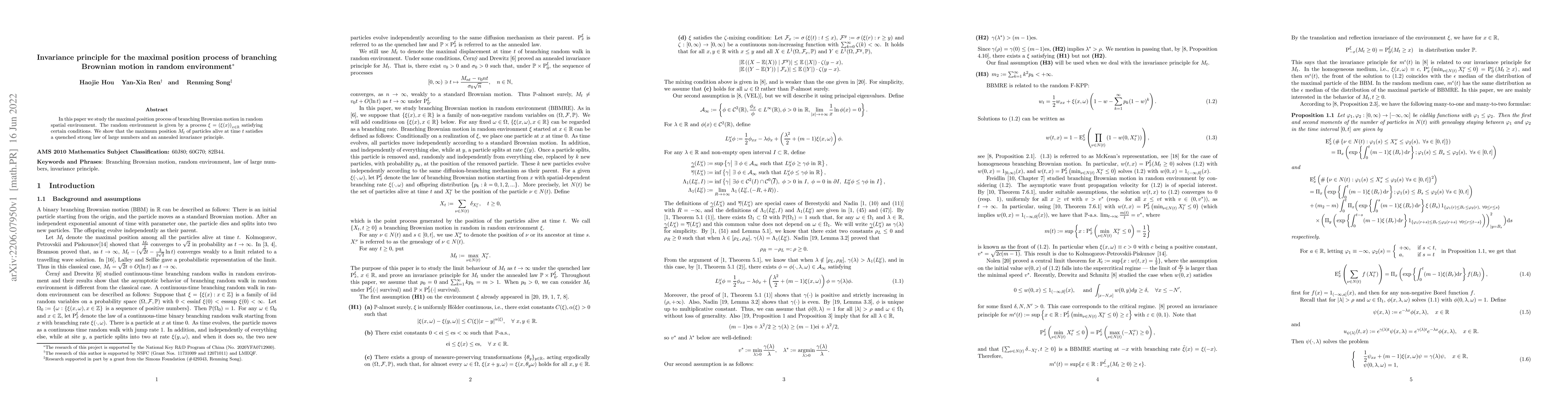 Thumbnail for Invariance principle for the maximal position process of branching
  Brownian motion in random environment