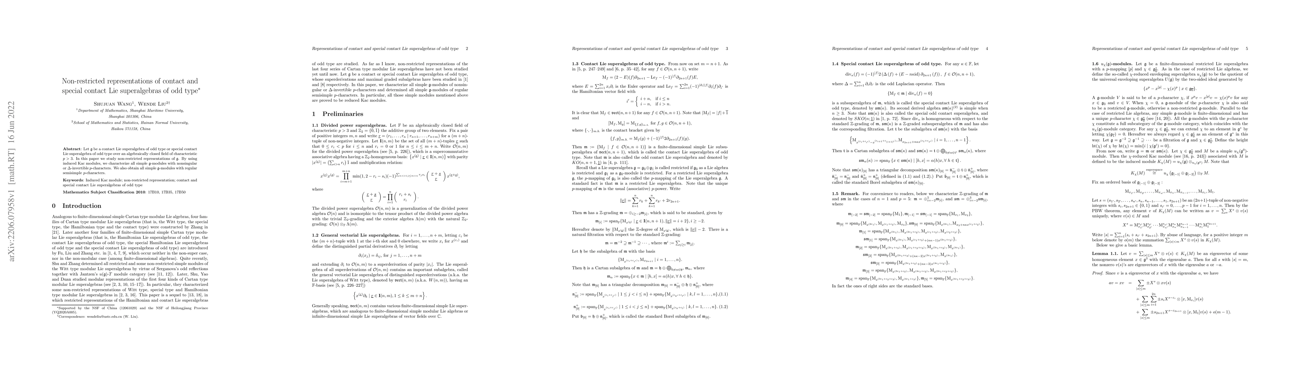 Thumbnail for Non-restricted representations of contact and special contact Lie
  superalgebras of odd type
