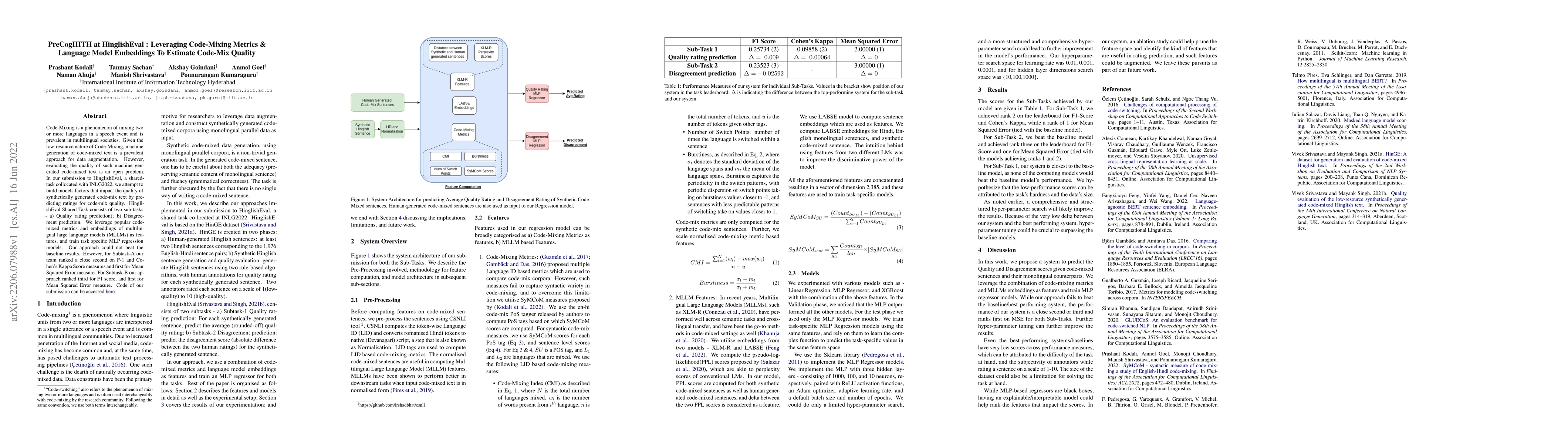 Thumbnail for PreCogIIITH at HinglishEval : Leveraging Code-Mixing Metrics & Language
  Model Embeddings To Estimate Code-Mix Quality