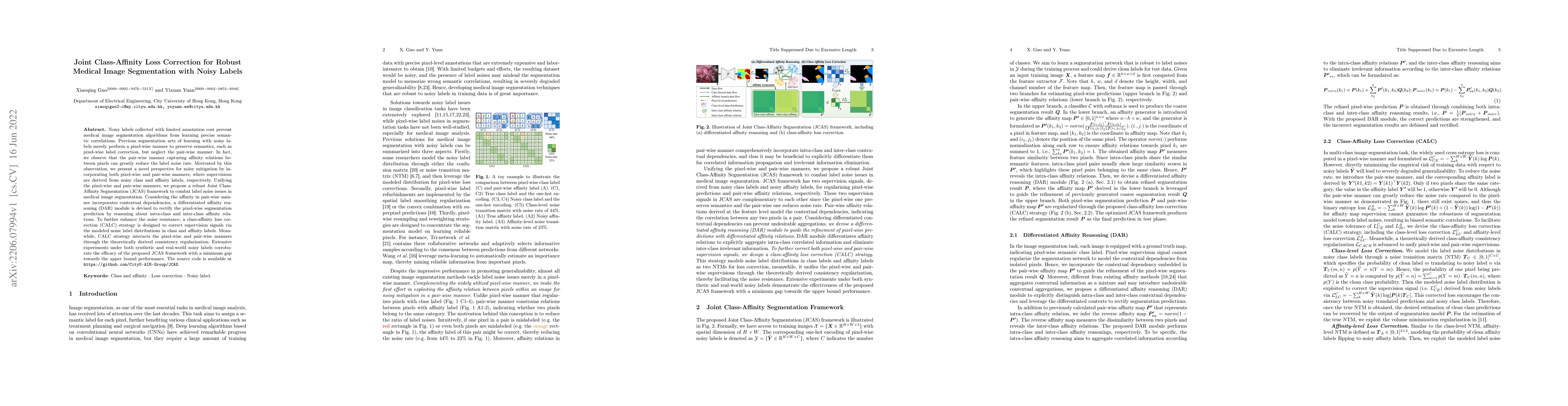 Thumbnail for Joint Class-Affinity Loss Correction for Robust Medical Image
  Segmentation with Noisy Labels