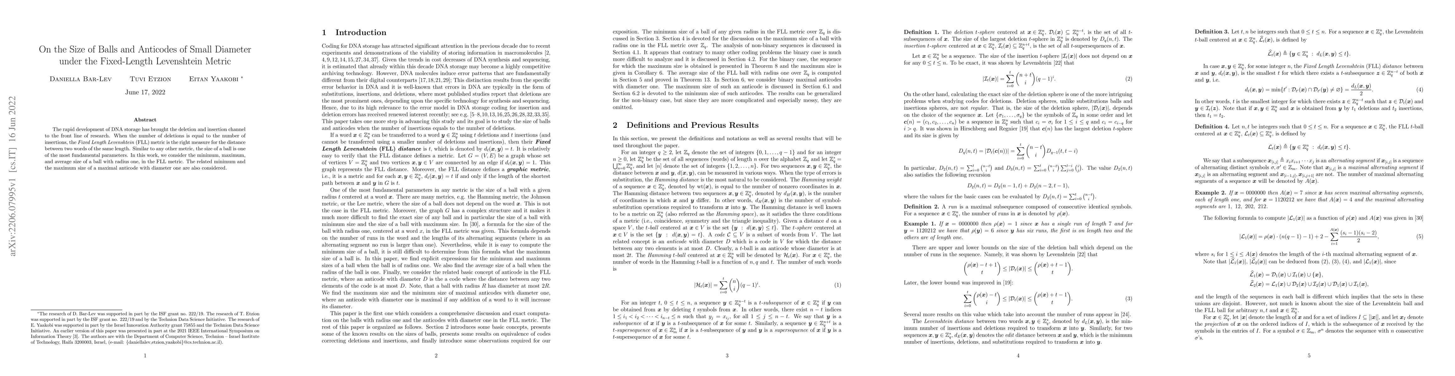 Thumbnail for On the Size of Balls and Anticodes of Small Diameter under the
  Fixed-Length Levenshtein Metric