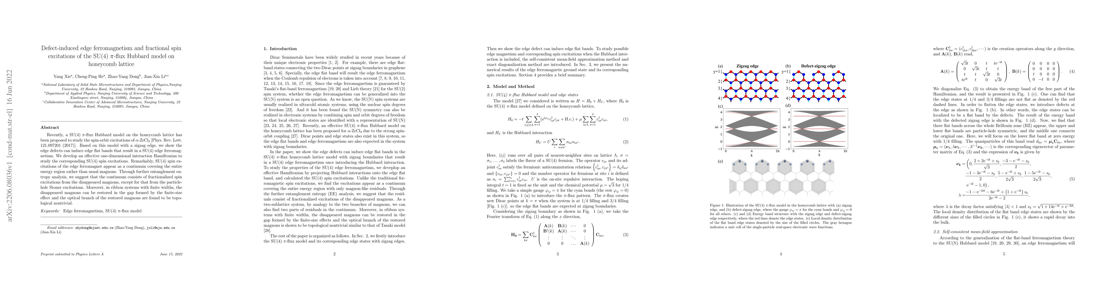 Thumbnail for Defect-induced edge ferromagnetism and fractional spin excitations of
  the SU(4) $\pi$-flux Hubbard model on honeycomb lattice